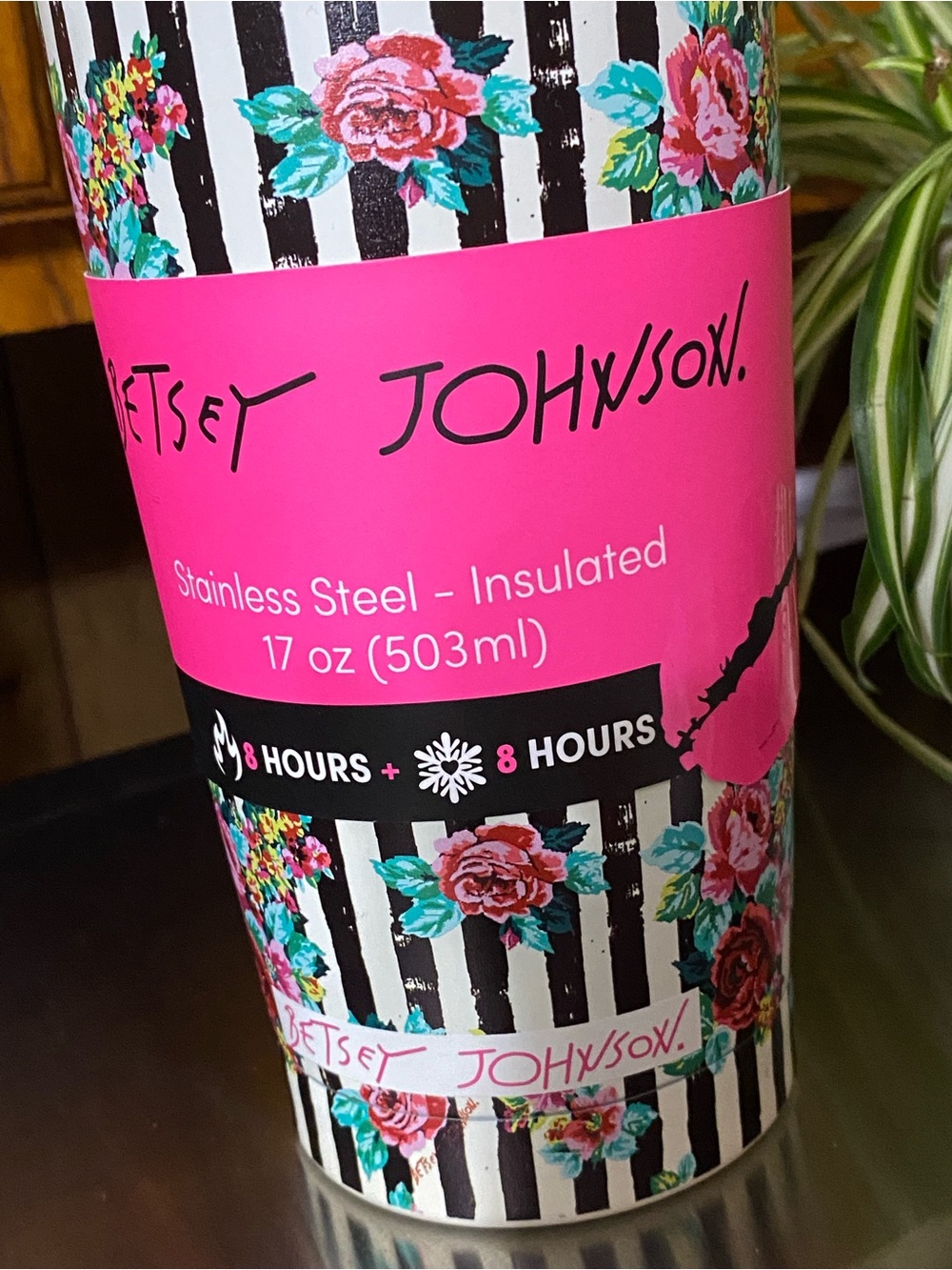 Betsey Johnson Black & White Striped Floral Tumbler with Hot Pink Logo - Picture 7 of 10